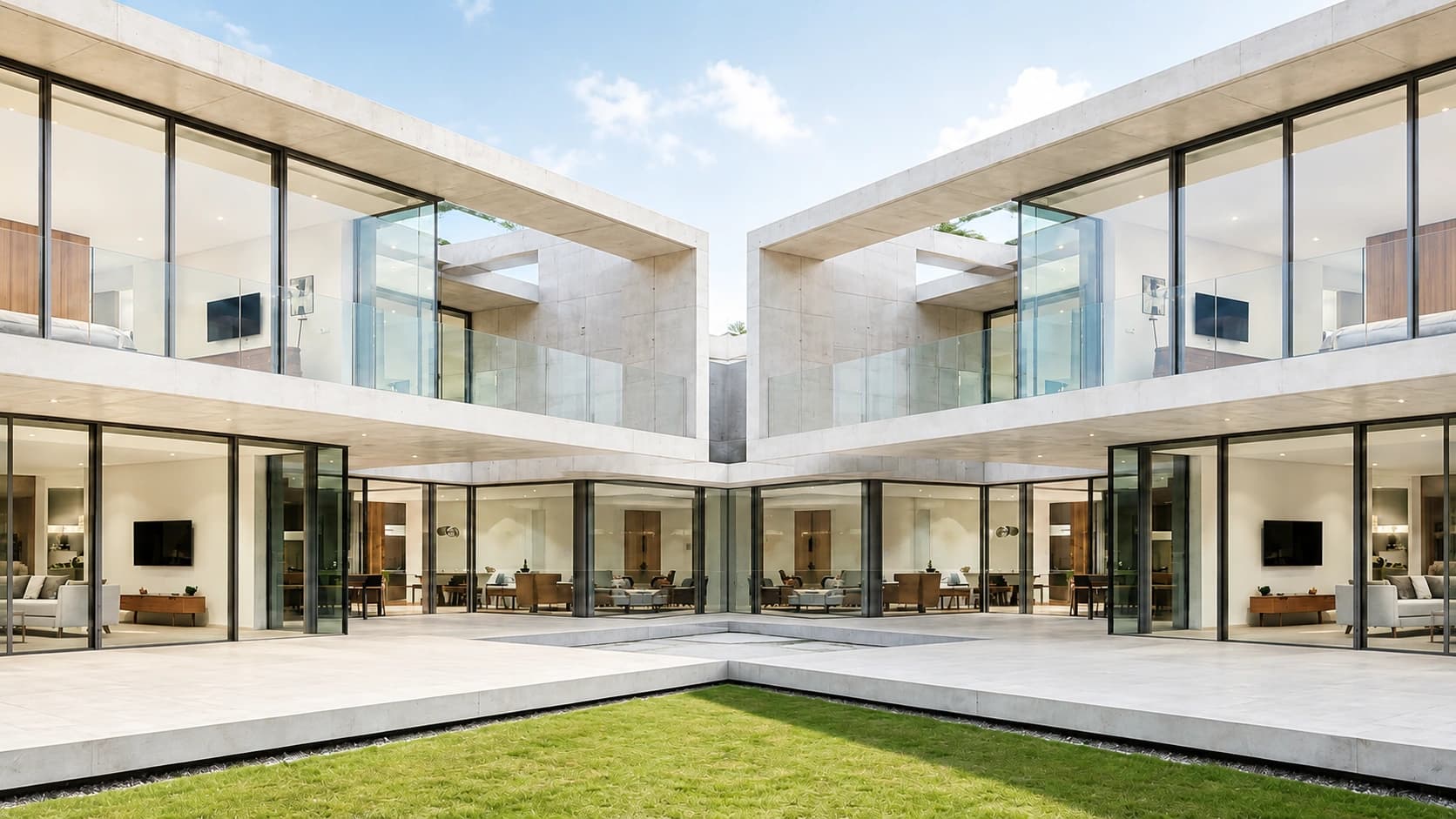 Illuminated contemporary courtyard residence at dusk