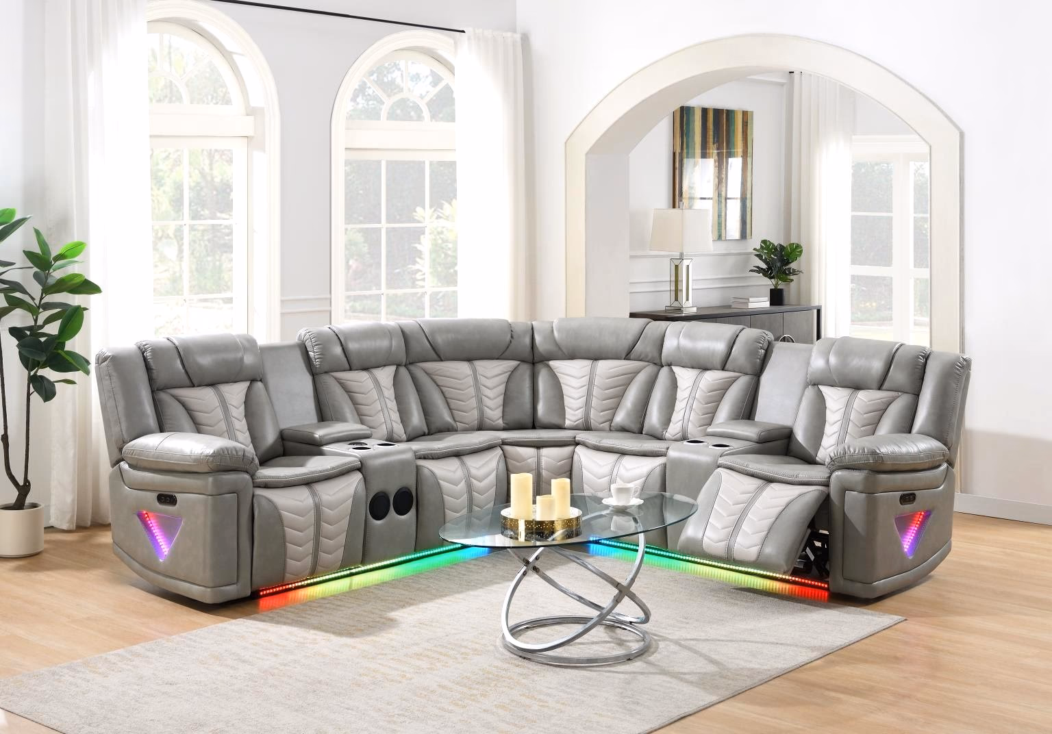 Gray/Beige Power 3 PC Sectional W/bluetooth Speaker, and Wireless Charger, Multi Color LED photo 1