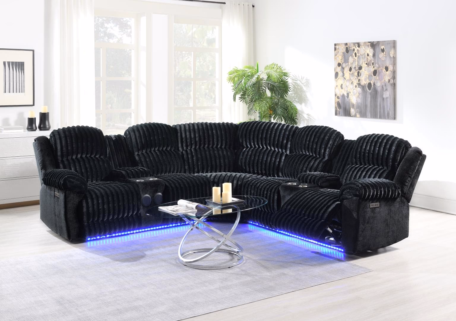 Black Corduroy Power 3 PC Sectional W/bluetooth Speaker, and Wireless Charger photo 1